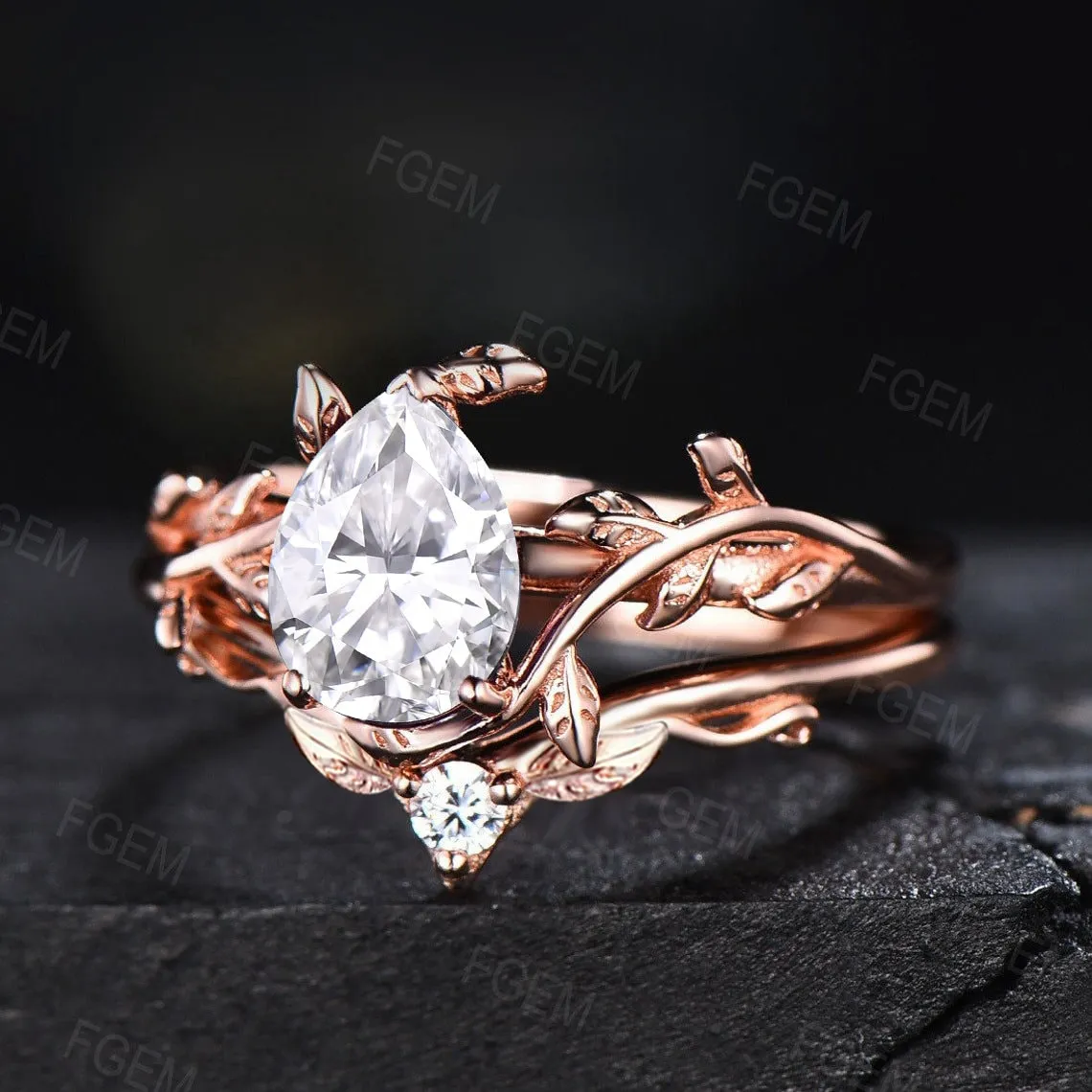 1.25ct Pear Shaped Moissanite Engagement Ring Rose Gold Diamond Wedding Ring Leaf Vine Solitaire Gemstone Ring Bridal Set Anniversary Gift