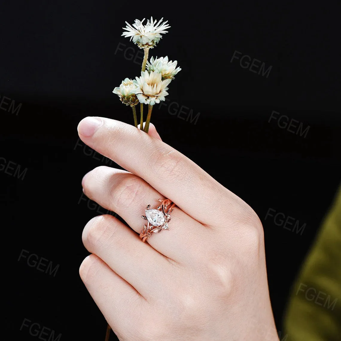 1.25ct Pear Shaped Moissanite Engagement Ring Rose Gold Diamond Wedding Ring Leaf Vine Solitaire Gemstone Ring Bridal Set Anniversary Gift