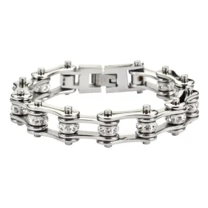 1/2" Wide All Stainless with White Crystal Centers Stainless Steel Motorcycle Bike Chain Bracelet