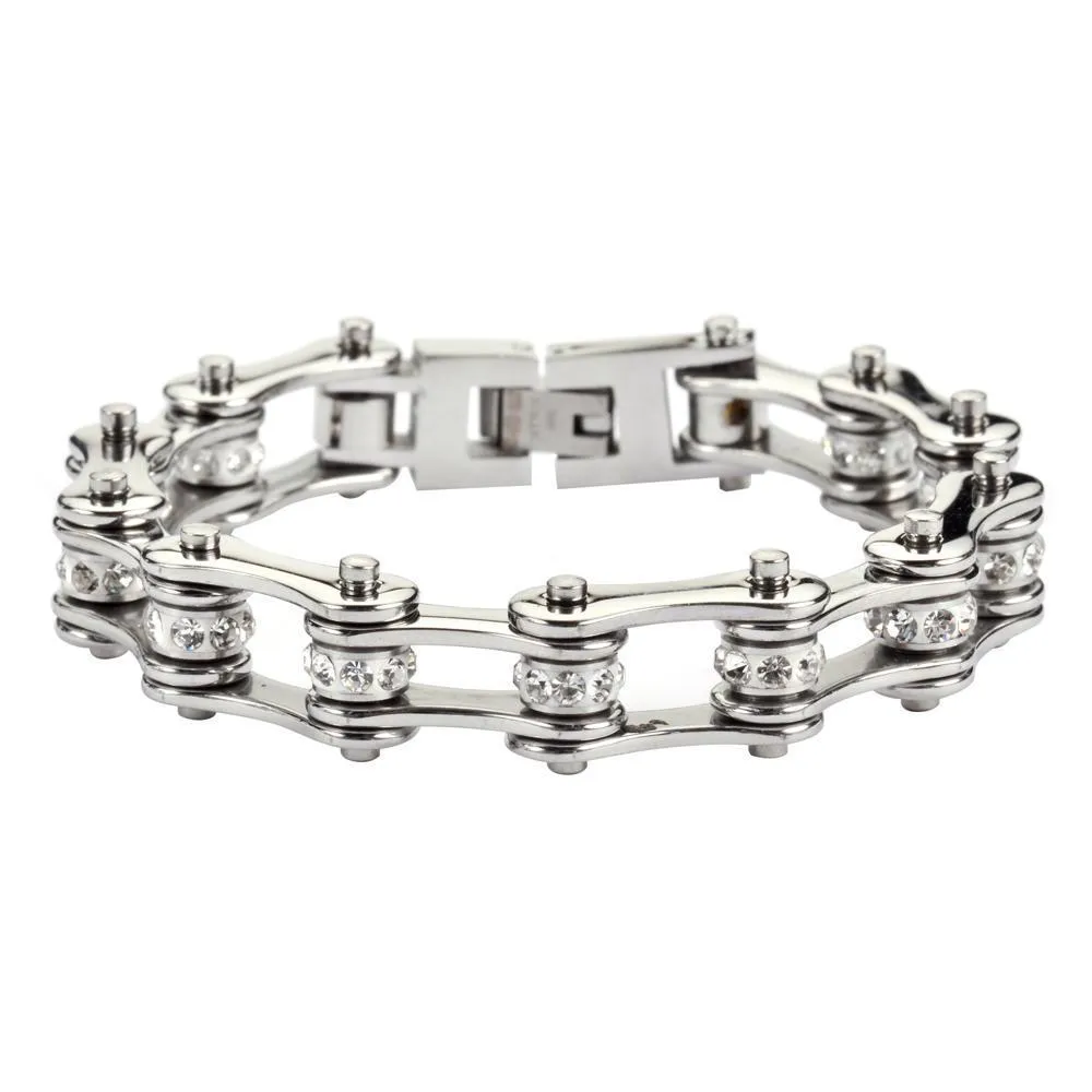 1/2" Wide All Stainless with White Crystal Centers Stainless Steel Motorcycle Bike Chain Bracelet