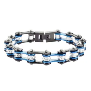 1/2" Wide Two Tone Black Blue with White Crystal Centers Stainless Steel Motorcycle Bike Chain Bracelet