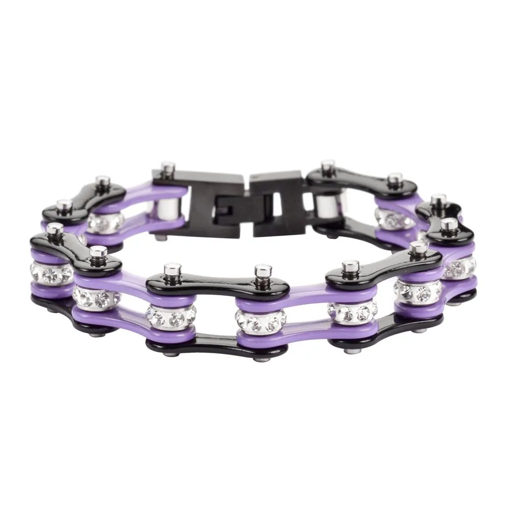 1/2" Wide Two Tone Black Violet with White Crystal Centers Stainless Steel Motorcycle Bike Chain Bracelet