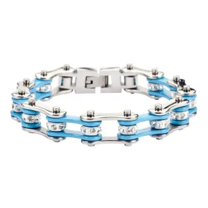 1/2" Wide Two Tone Silver Turquoise with White Crystal Centers Stainless Steel Motorcycle Bike Chain Bracelet