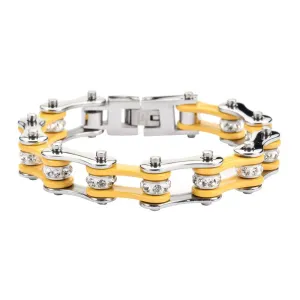 1/2" Wide Two Tone Silver Yellow with White Crystal Centers Stainless Steel Motorcycle Bike Chain Bracelet