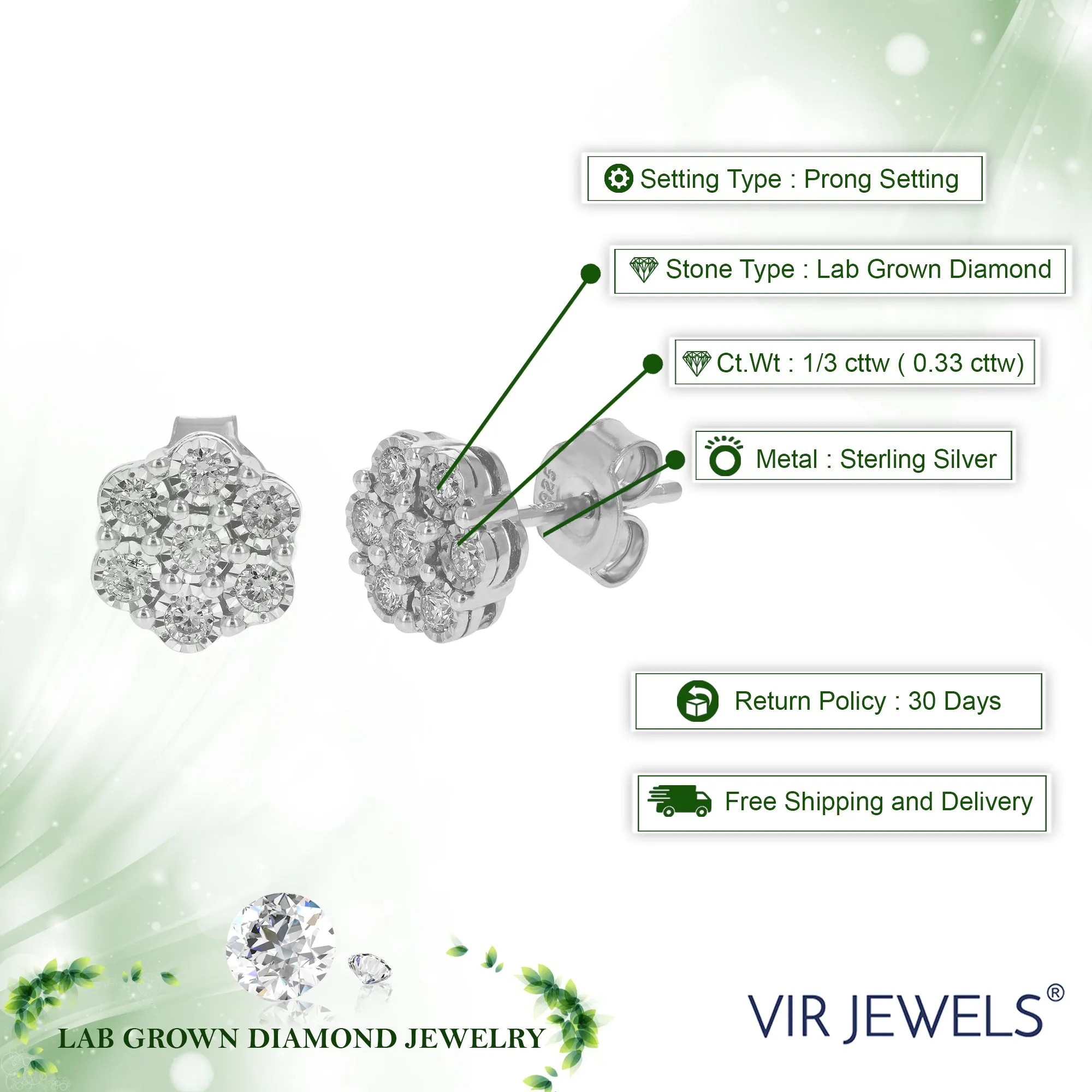 1/3 cttw Round Lab Grown Diamond Stud Earrings in .925 Sterling Silver Prong Set