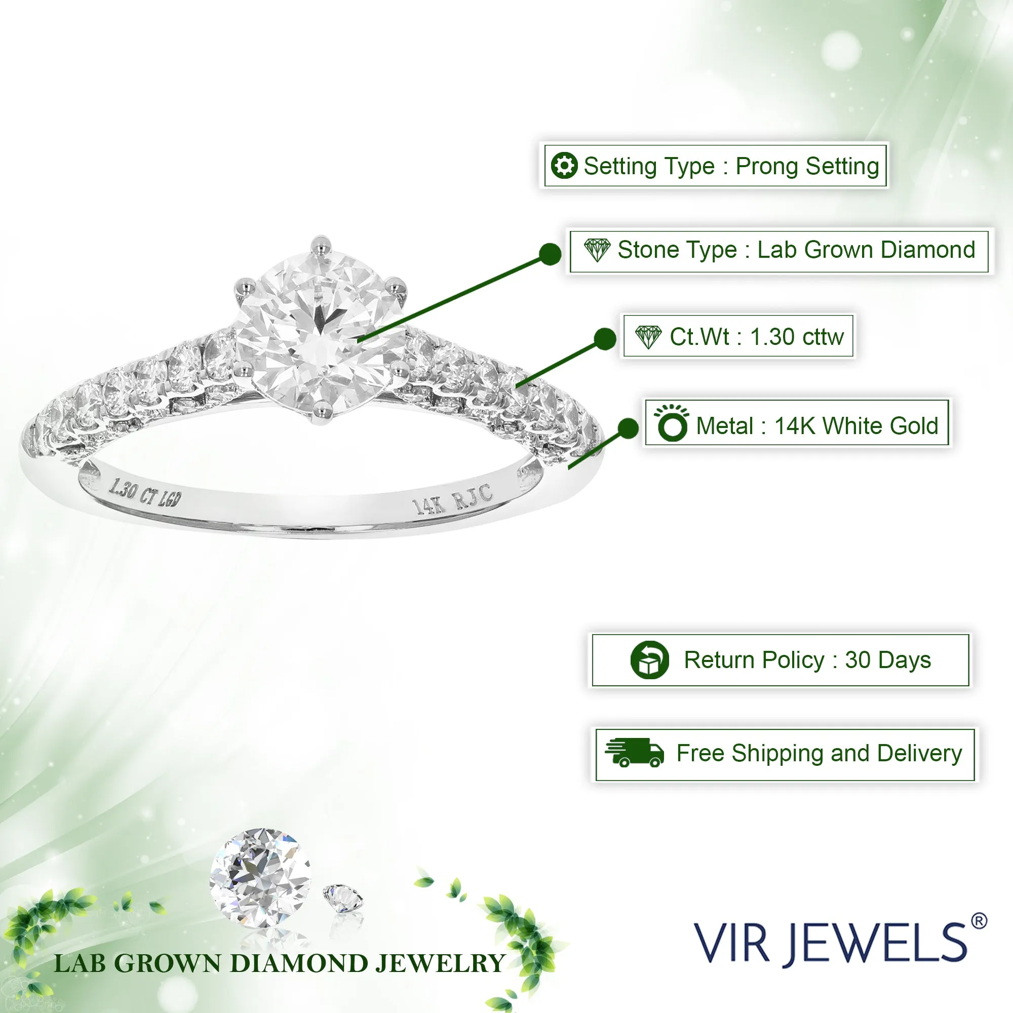 1.30 cttw Lab Created Diamond Engagement Ring in 14K White Gold Prong Set Round