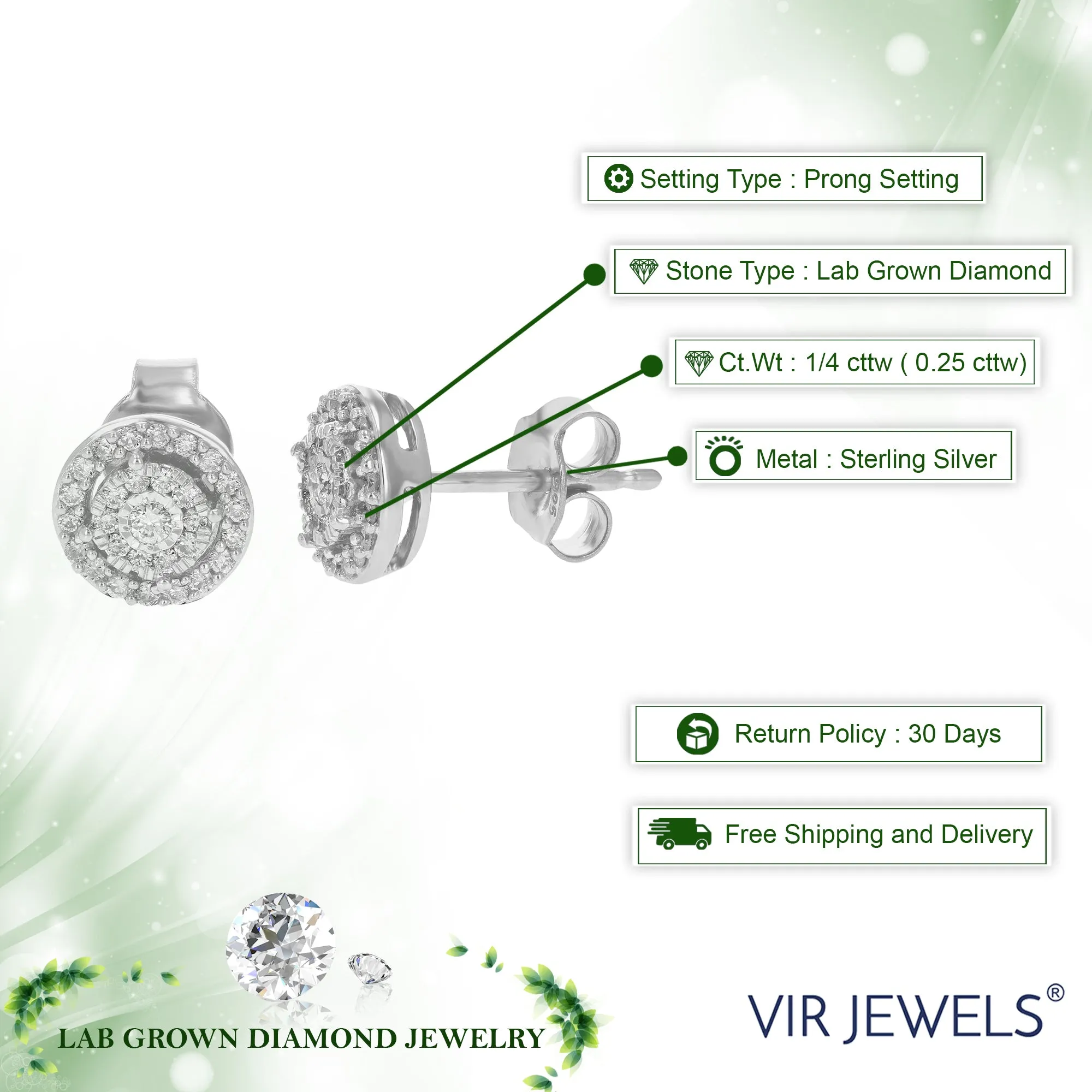 1/4 cttw Round Cut Lab Grown Diamond Stud Earrings .925 Sterling Silver Prong Settings