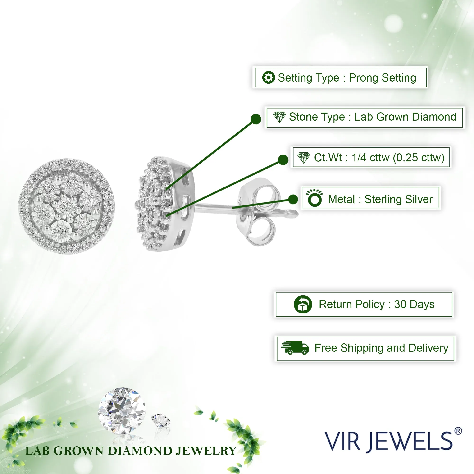 1/4 cttw Round Lab Grown Diamond Studs .925 Sterling Silver Earrings Prong Set
