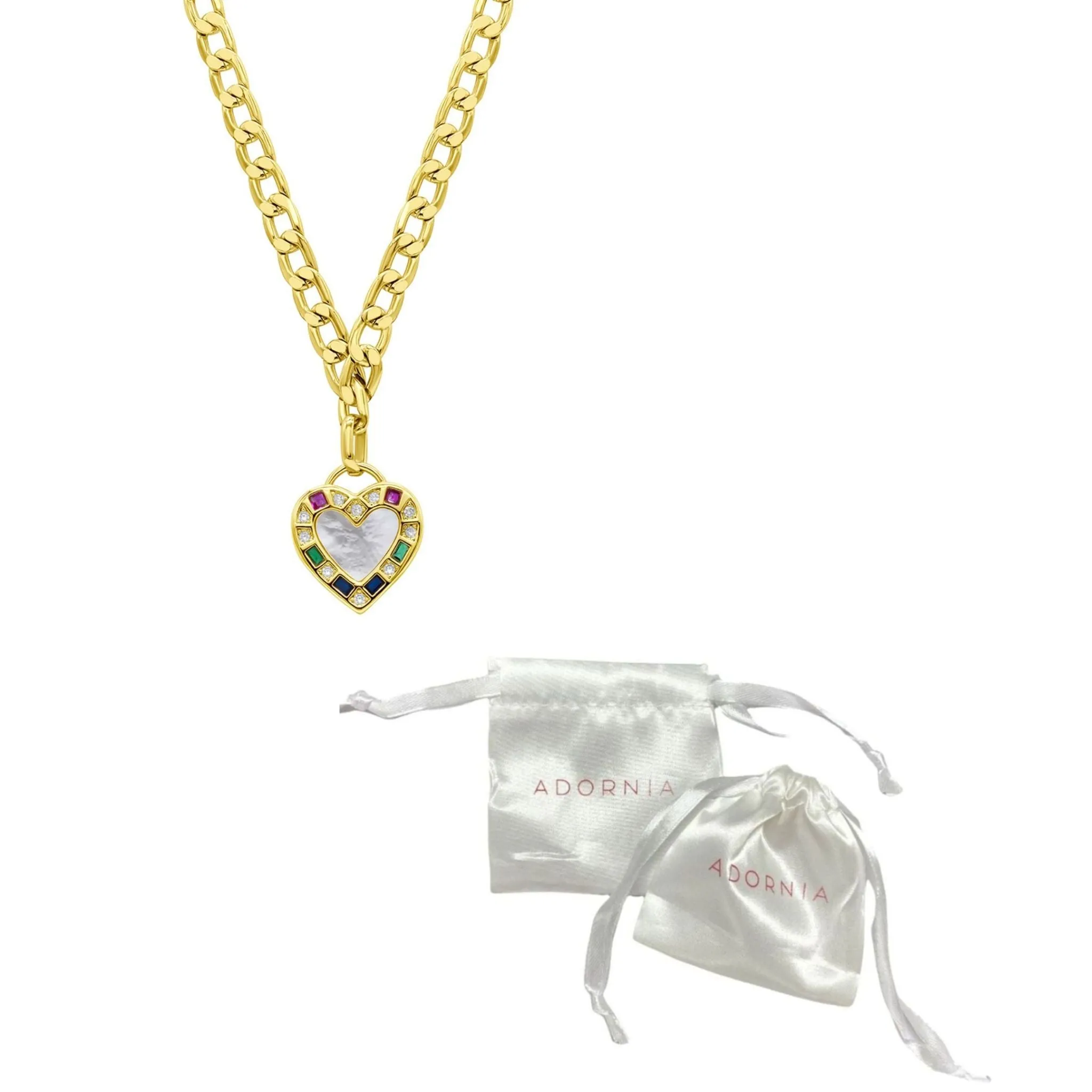 14K Gold Plated Figaro Chain Mother-of-Pearl Heart Necklace