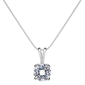 14K Solid White Gold Pendant Necklace | Round Cut Cubic Zirconia Solitaire | 1.0 Carat | 18 Inch .60mm Box Link Chain