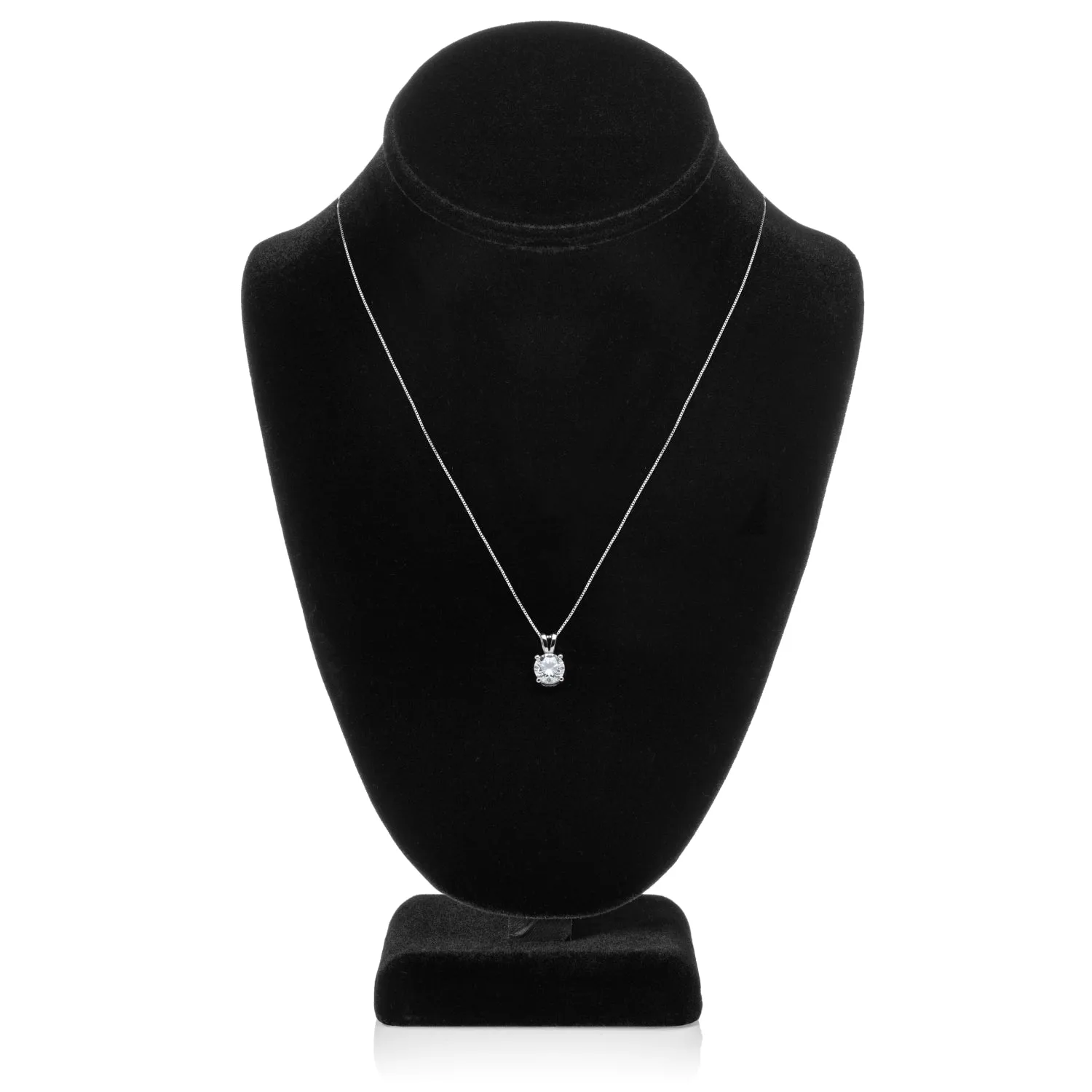 14K Solid White Gold Pendant Necklace | Round Cut Cubic Zirconia Solitaire | 1.0 Carat | 18 Inch .60mm Box Link Chain