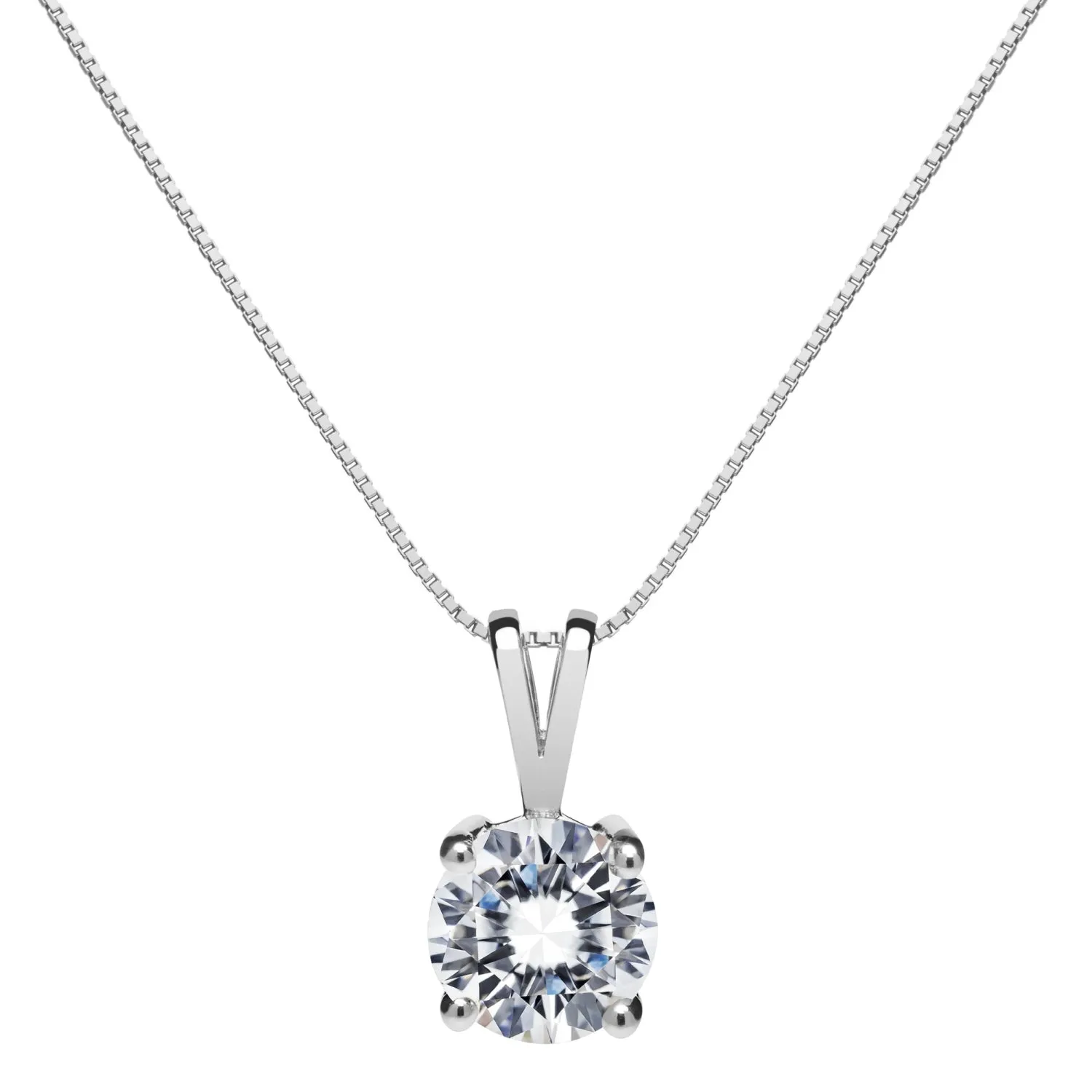 14K Solid White Gold Pendant Necklace | Round Cut Cubic Zirconia Solitaire | 1.0 Carat | 18 Inch .60mm Box Link Chain