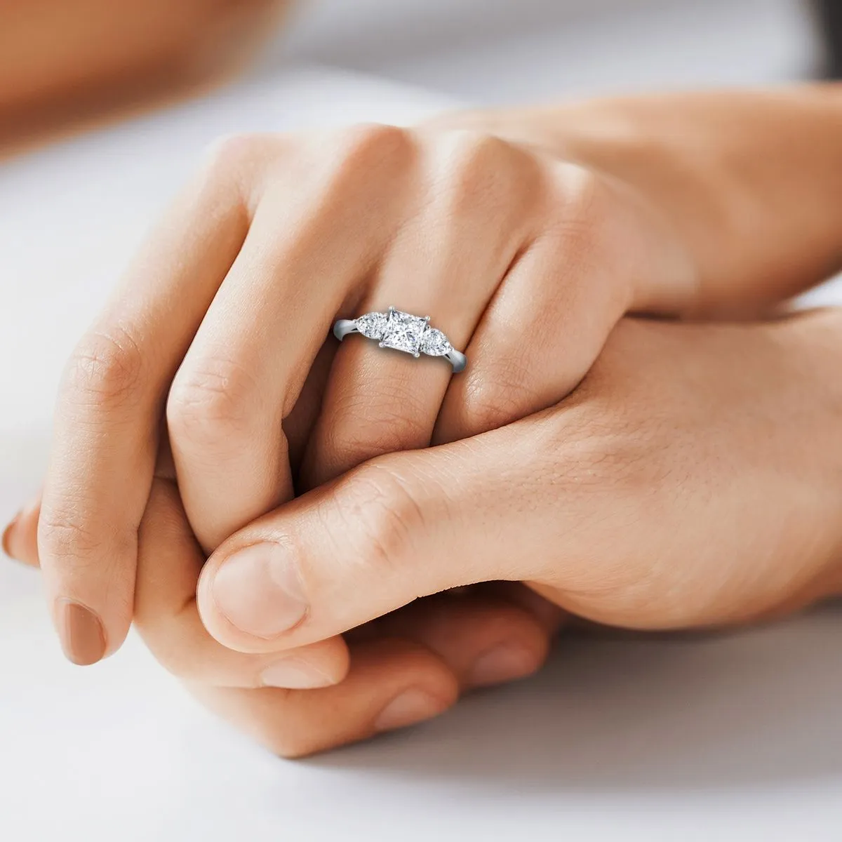 14K White Gold Princess Cut Diamond Perfectly Matched Pear Shaped Three Diamond Engagement Ring -7/8ctw