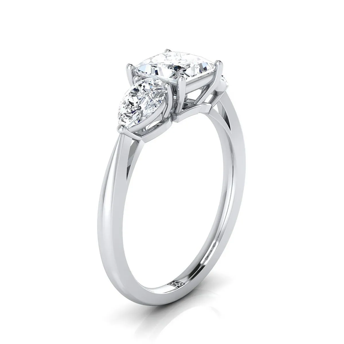 14K White Gold Princess Cut Diamond Perfectly Matched Pear Shaped Three Diamond Engagement Ring -7/8ctw
