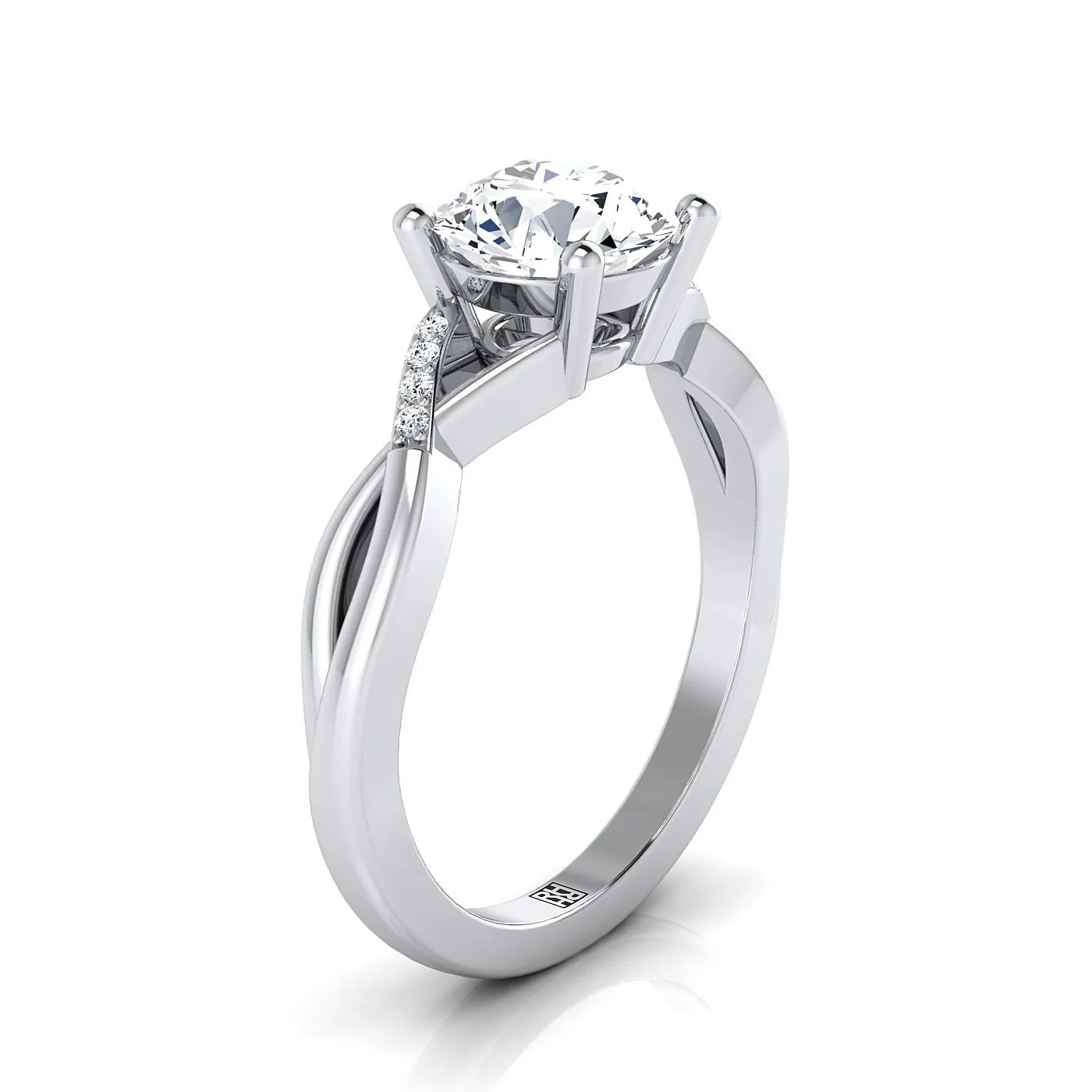 14K White Gold Round Brilliant Diamond Criss Cross Twist Engagement Ring