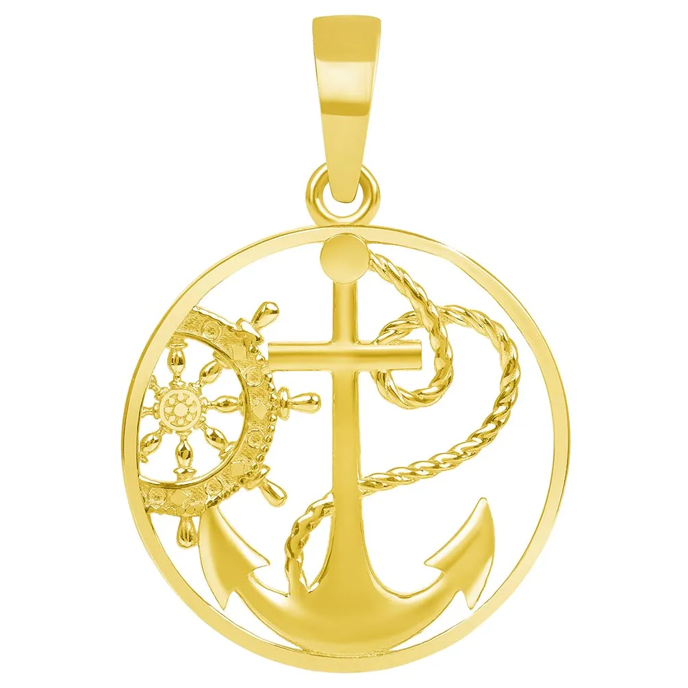 14k Yellow Gold Anchor and Ship Helm Wheel Round Nautical Medallion Pendant with Rolo Cable, Cuban Curb, or Figaro Chain Necklaces