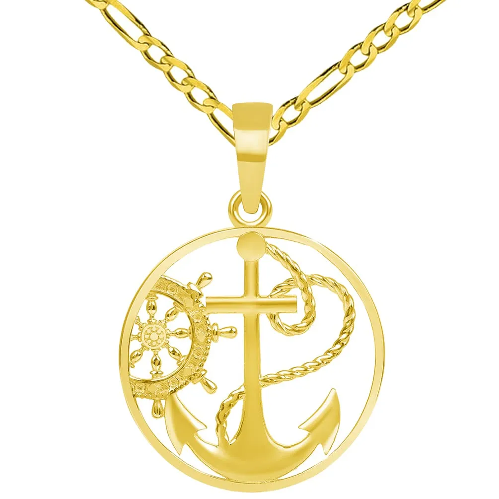 14k Yellow Gold Anchor and Ship Helm Wheel Round Nautical Medallion Pendant with Rolo Cable, Cuban Curb, or Figaro Chain Necklaces
