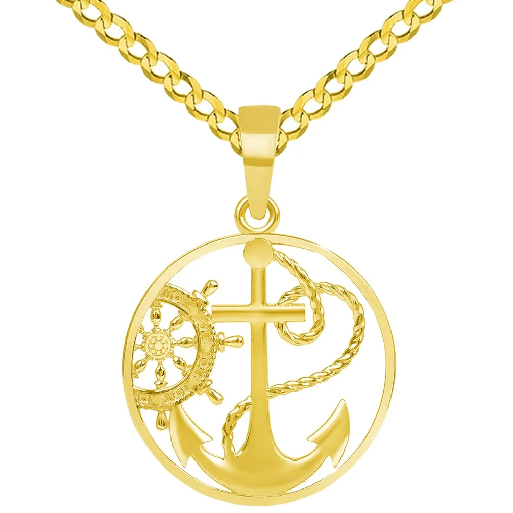 14k Yellow Gold Anchor and Ship Helm Wheel Round Nautical Medallion Pendant with Rolo Cable, Cuban Curb, or Figaro Chain Necklaces