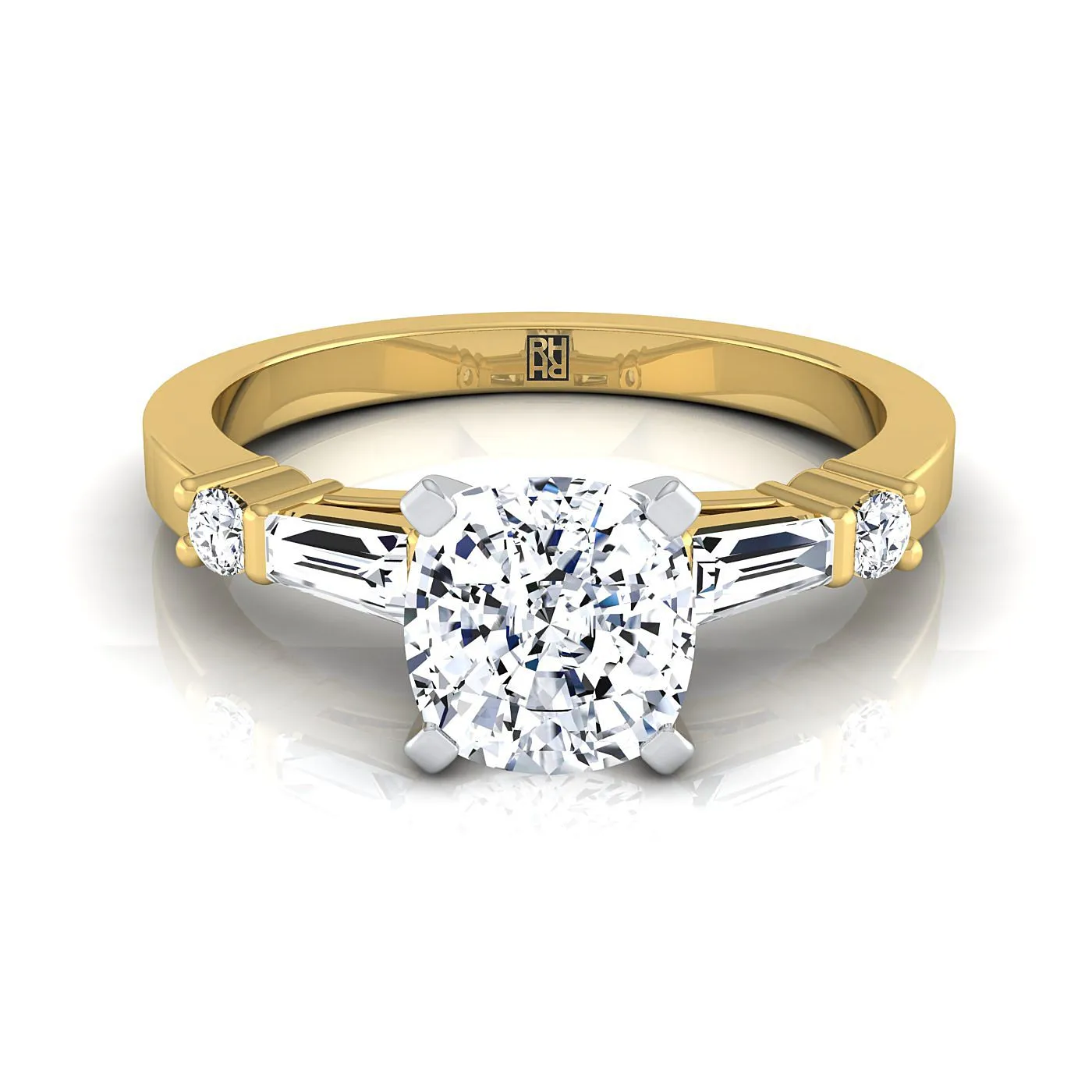 14K Yellow Gold Cushion Diamond Simple Baguette and Round Solitaire Engagement Ring -1/4ctw