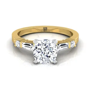 14K Yellow Gold Cushion Diamond Simple Baguette and Round Solitaire Engagement Ring -1/4ctw