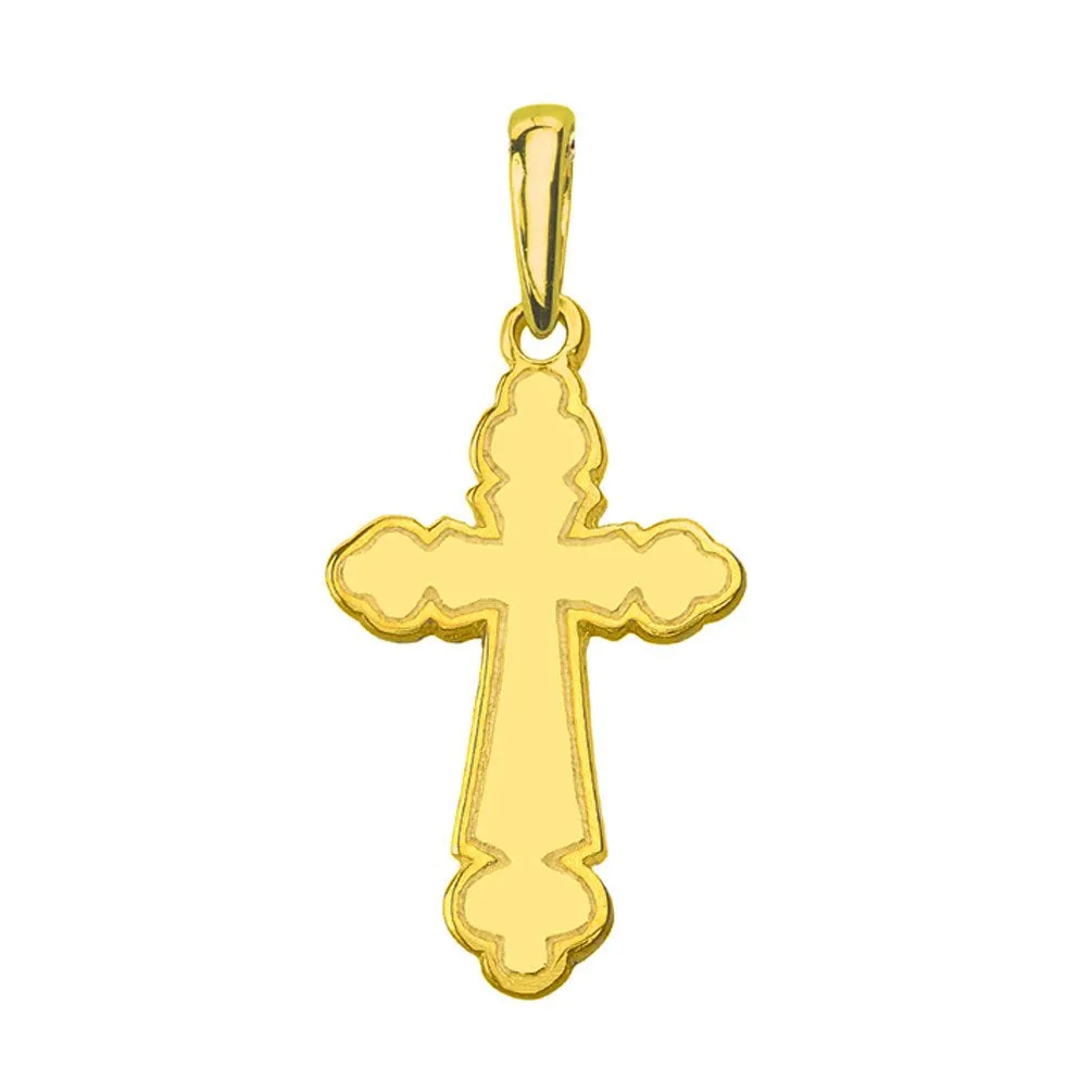 14K Yellow Gold Dainty Cross Charm Eastern Orthodox Pendant with Cuban Necklace