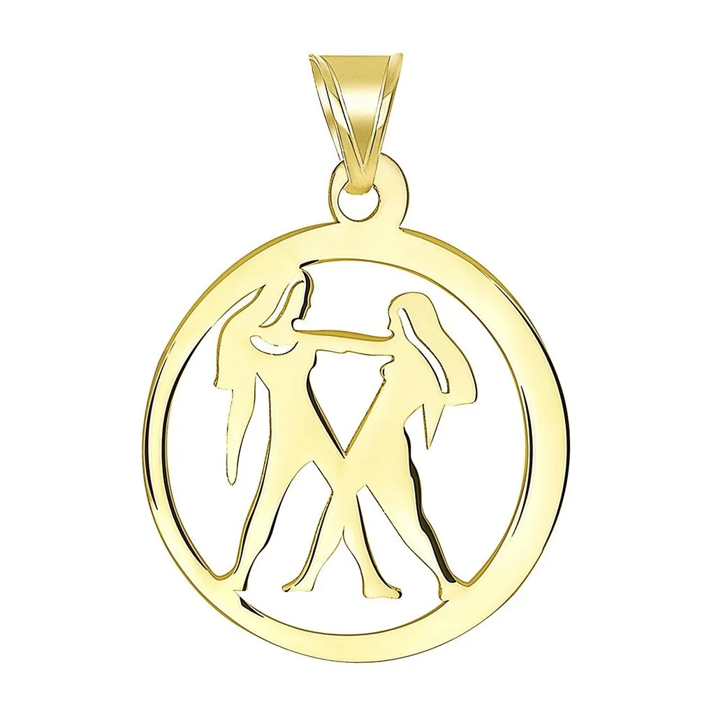 14k Yellow Gold Dainty Round Gemini Twins Zodiac Sign Cut-Out Disc Pendant Necklace