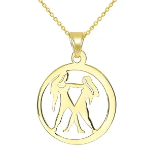 14k Yellow Gold Dainty Round Gemini Twins Zodiac Sign Cut-Out Disc Pendant Necklace