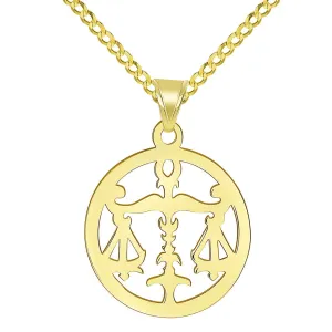 14k Yellow Gold Dainty Round Libra Zodiac Sign Scale Disc Pendant with Cuban Chain Necklace
