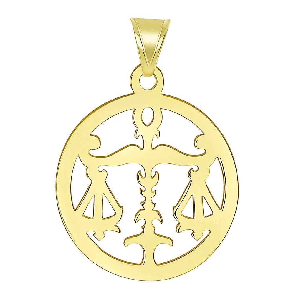 14k Yellow Gold Dainty Round Libra Zodiac Sign Scale Disc Pendant with Cuban Chain Necklace