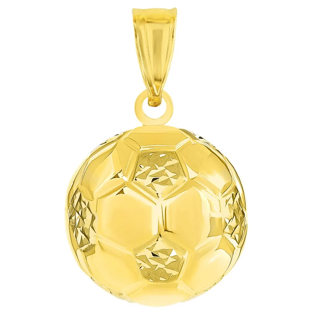 14k Yellow Gold High Polish Soccer 3D Ball Charm Futbol Sports Pendant with Cable, Curb, or Figaro Chain Necklaces