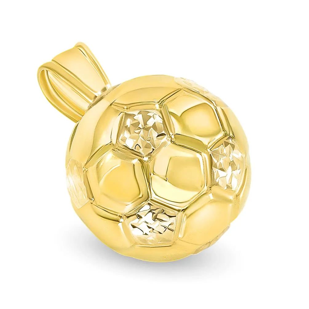 14k Yellow Gold High Polish Soccer 3D Ball Charm Futbol Sports Pendant with Cable, Curb, or Figaro Chain Necklaces