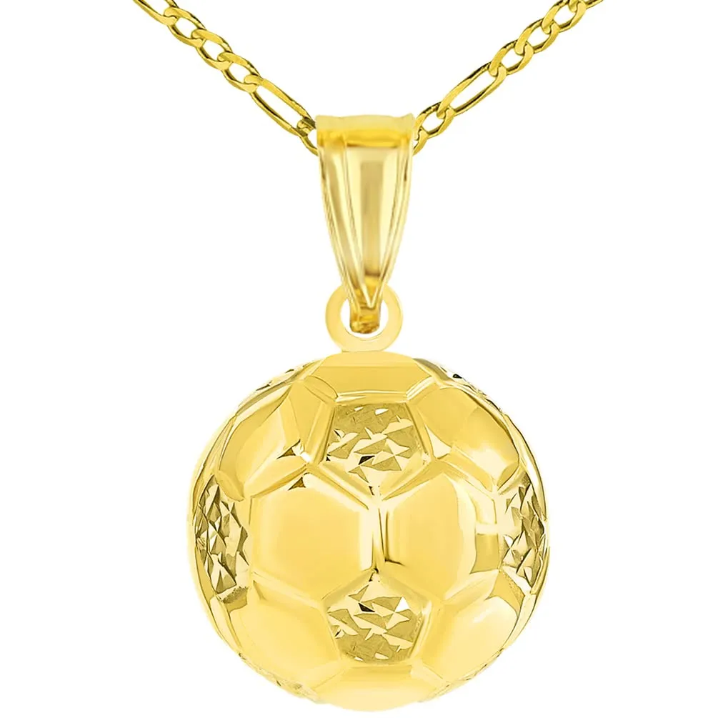 14k Yellow Gold High Polish Soccer 3D Ball Charm Futbol Sports Pendant with Cable, Curb, or Figaro Chain Necklaces