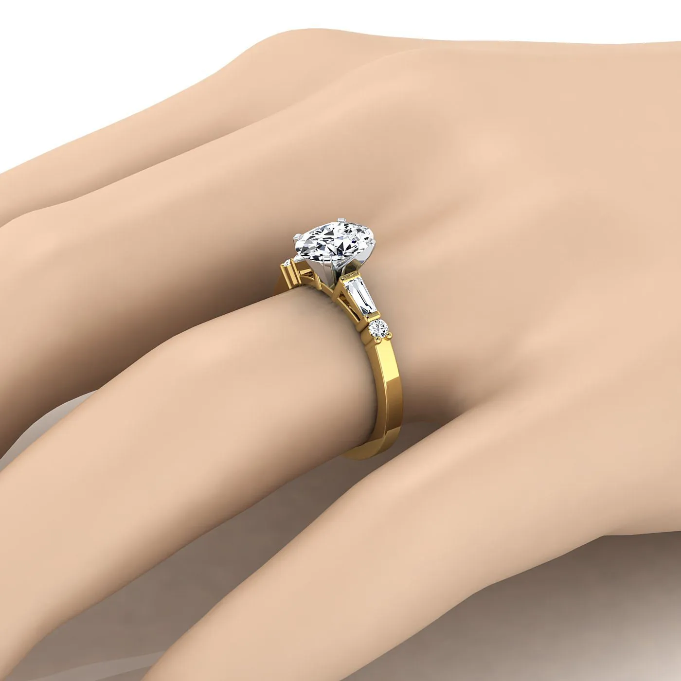 14K Yellow Gold Oval Diamond Simple Baguette and Round Solitaire Engagement Ring -1/4ctw