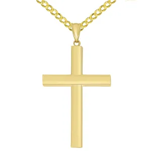 14k Yellow Gold Religious Plain Hollow Square Tube Cross Pendant Necklace Available with Rolo, Curb, or Figaro Chain