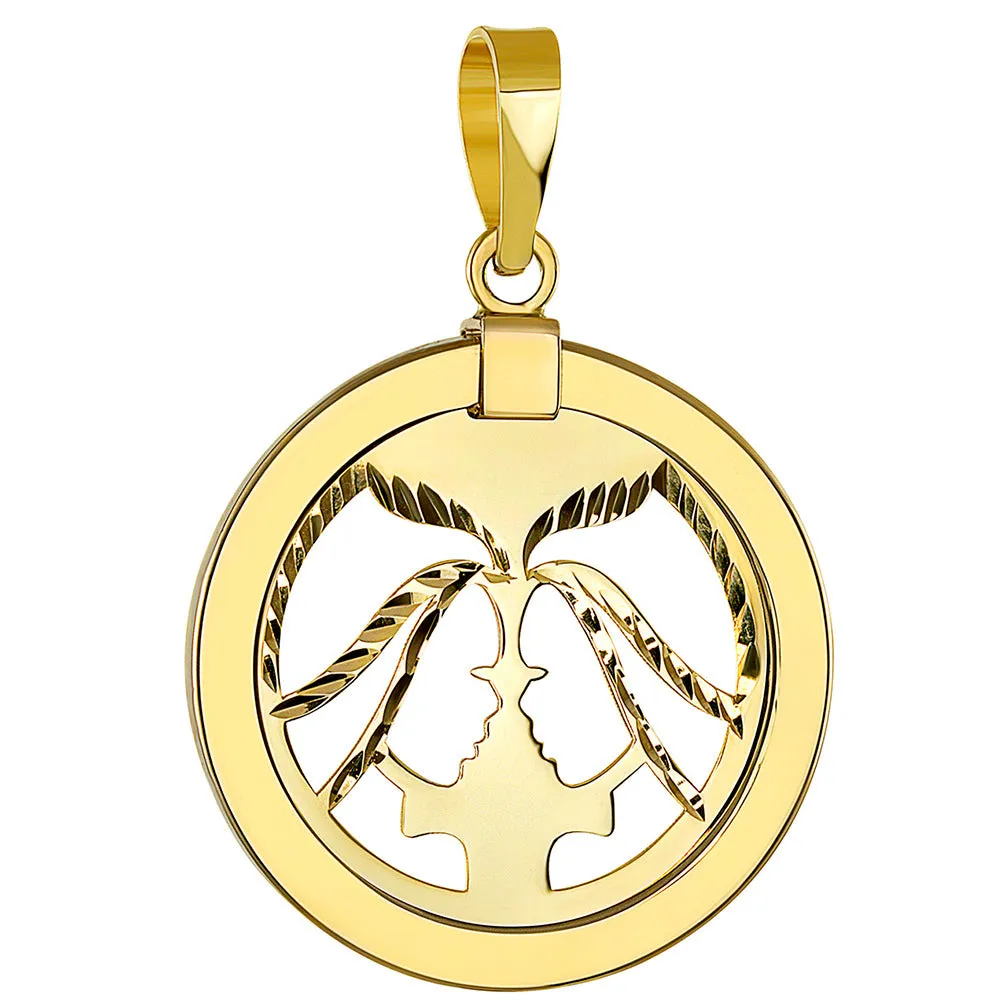 14K Yellow Gold Reversible Round Gemini Twins Zodiac Sign Pendant with Figaro Chain Necklace