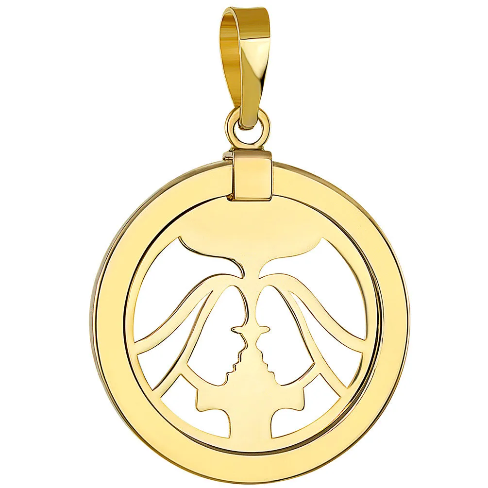 14K Yellow Gold Reversible Round Gemini Twins Zodiac Sign Pendant with Figaro Chain Necklace