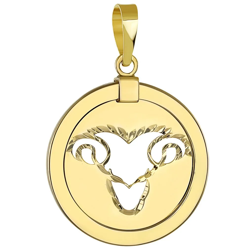 14K Yellow Gold Reversible Round Ram Aries Zodiac Sign Pendant Necklace