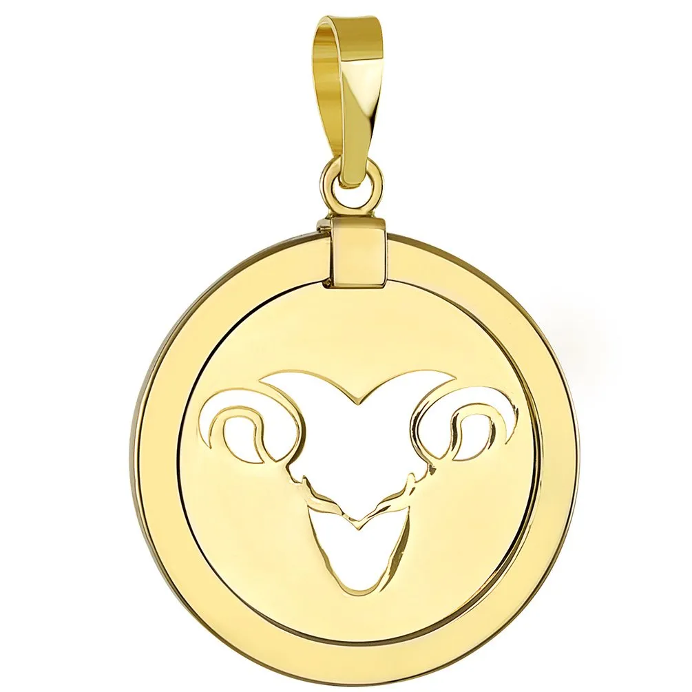 14K Yellow Gold Reversible Round Ram Aries Zodiac Sign Pendant Necklace