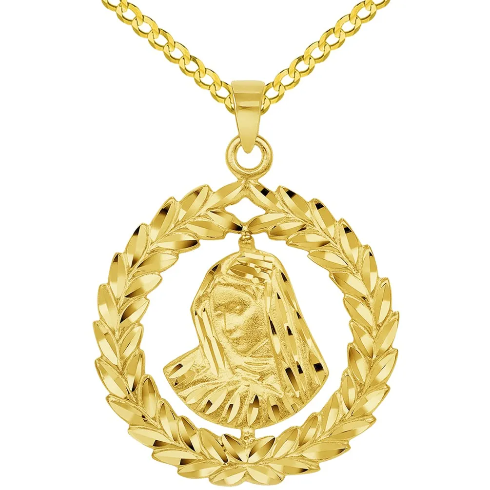 14k Yellow Gold Virgin Mary In Round Olive Branch Pendant with Cable, Curb, or Figaro Chain Necklaces