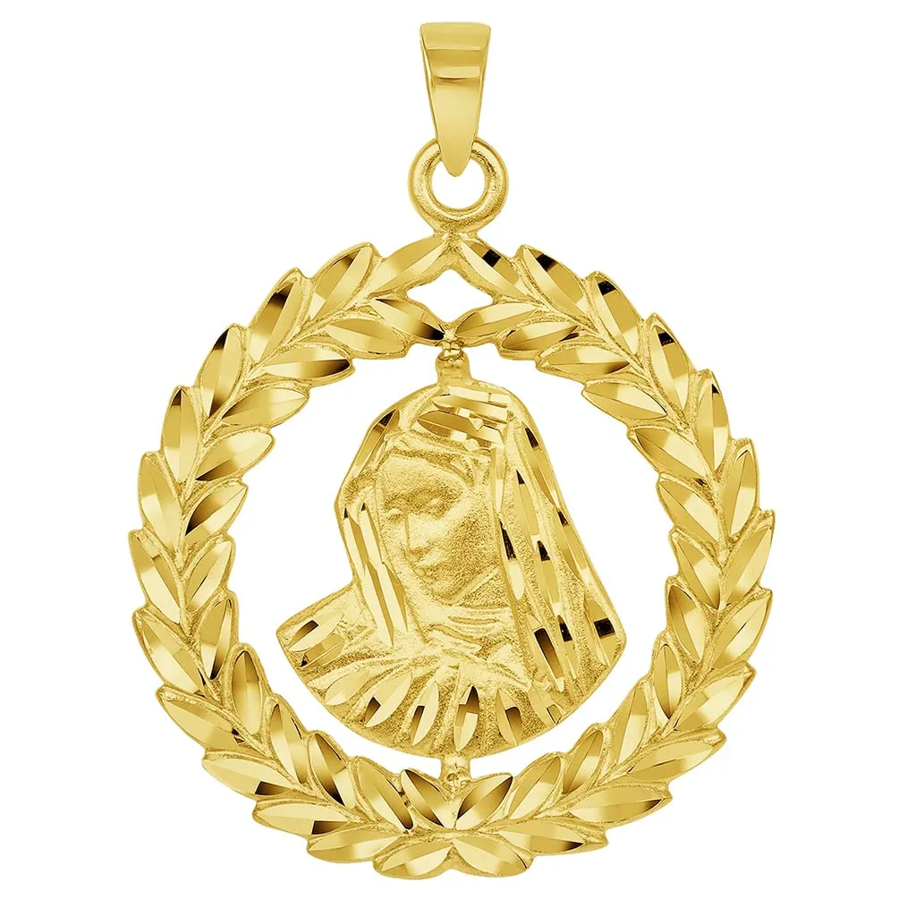 14k Yellow Gold Virgin Mary In Round Olive Branch Pendant with Cable, Curb, or Figaro Chain Necklaces
