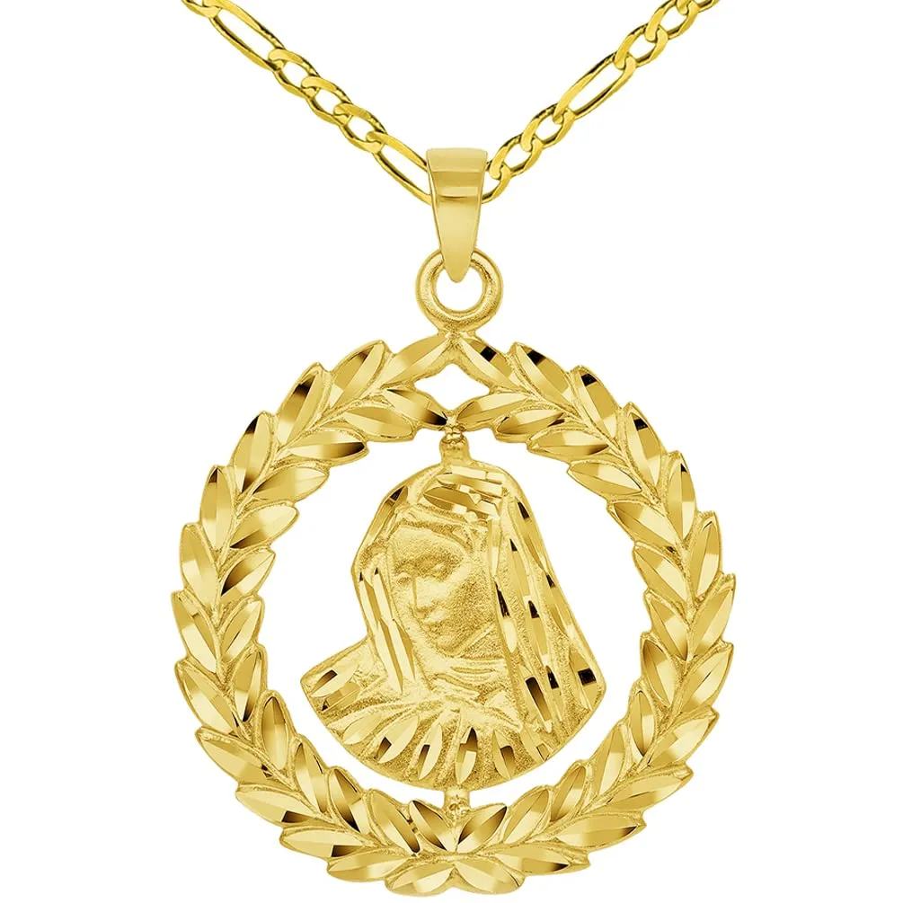 14k Yellow Gold Virgin Mary In Round Olive Branch Pendant with Cable, Curb, or Figaro Chain Necklaces
