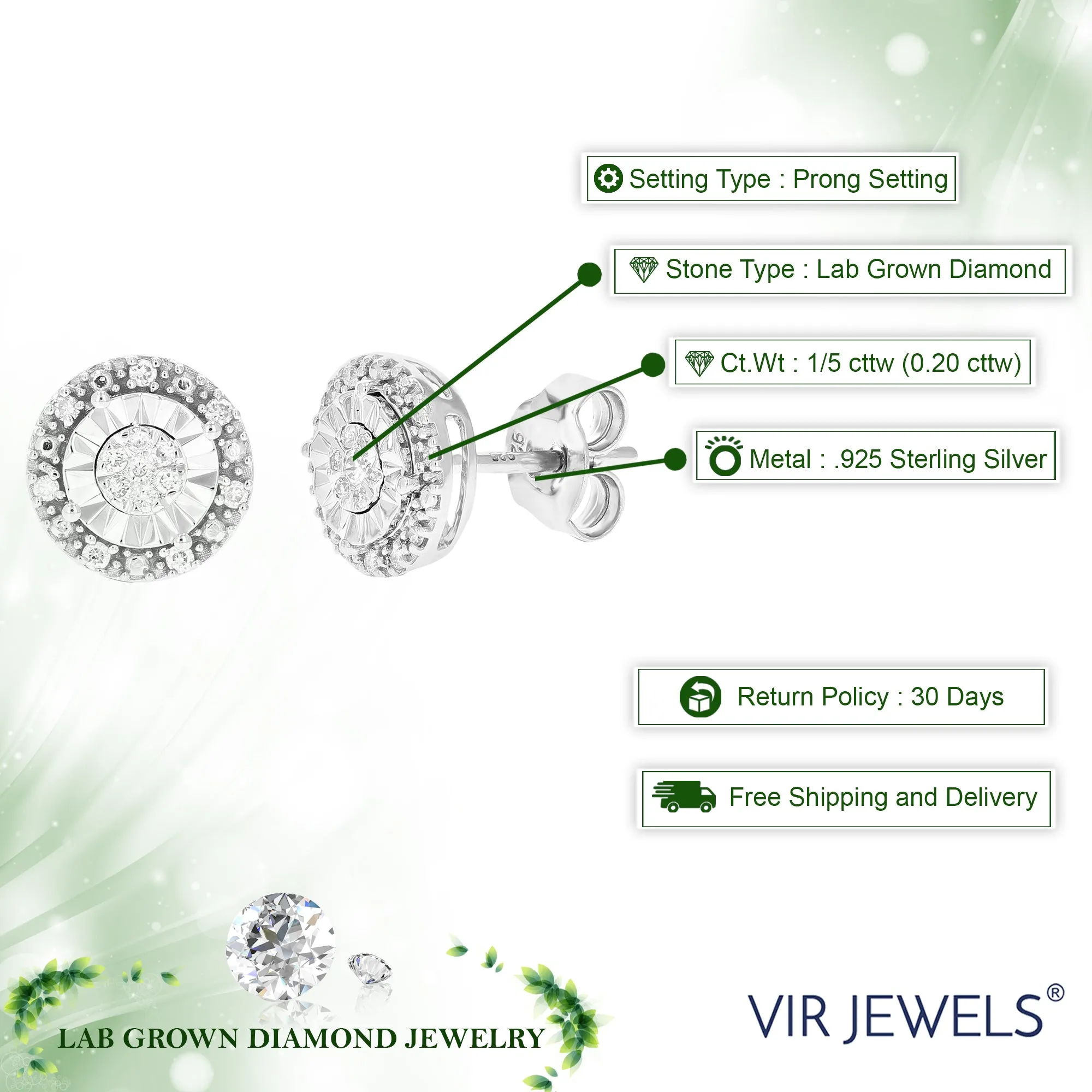 1/5 cttw 28 Stones Round Lab Grown Diamond Studs Earrings .925 Sterling Silver prong Set Round Shape