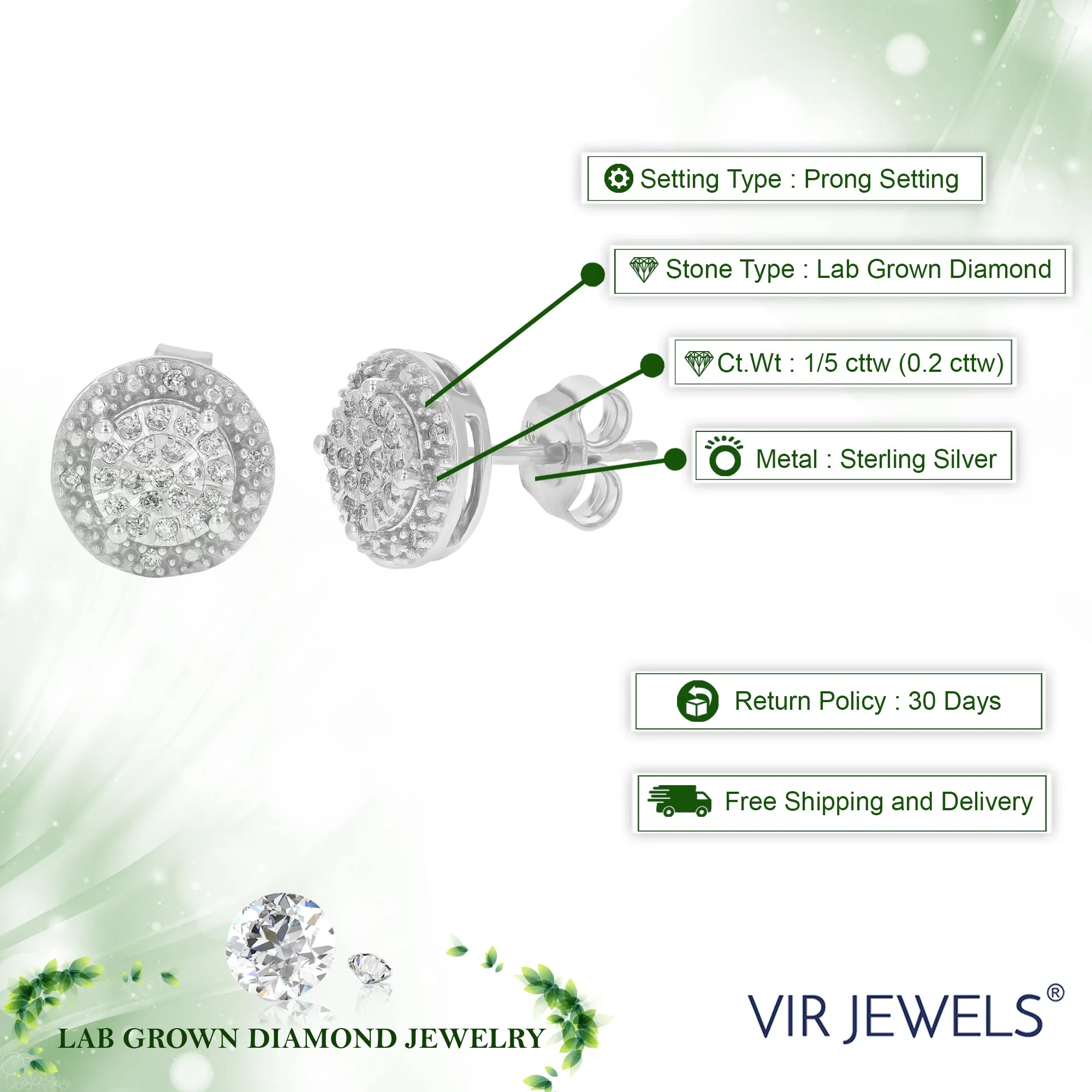 1/5 cttw Stud Earrings Made of Round Lab Grown Diamonds In .925 Sterling Silver with Prong Setting
