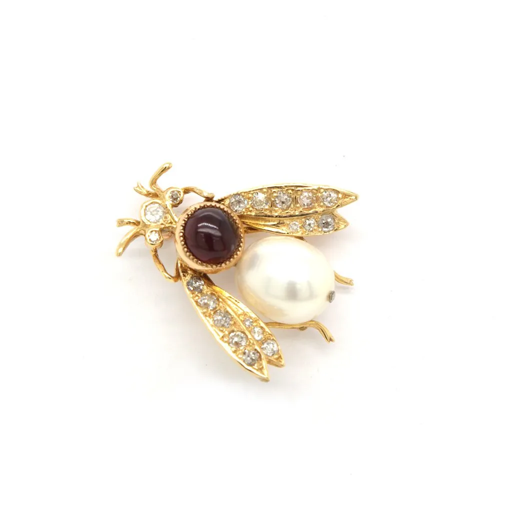 15ct Gold Garnet and Cultured Pearl and Diamond Bug Brooch