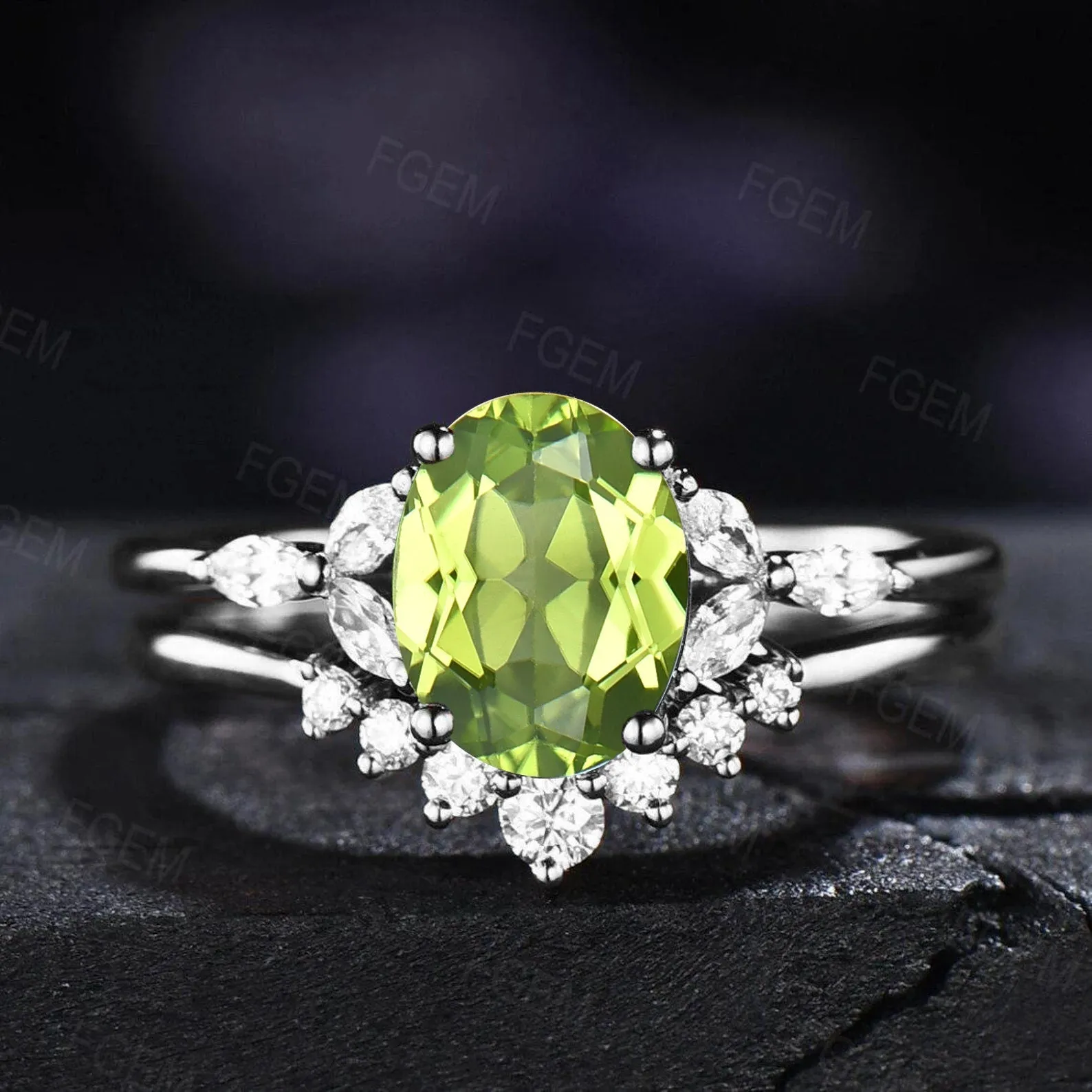 1.5ct Oval Cut Natural Green Peridot Wedding Ring Set Dainty Green Gemstone Jewelry August Birthstone Promise Ring Anniversary Birthday Gift