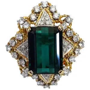 16 Carat Green Tourmaline Emerald Cut Diamond Cocktail Ring