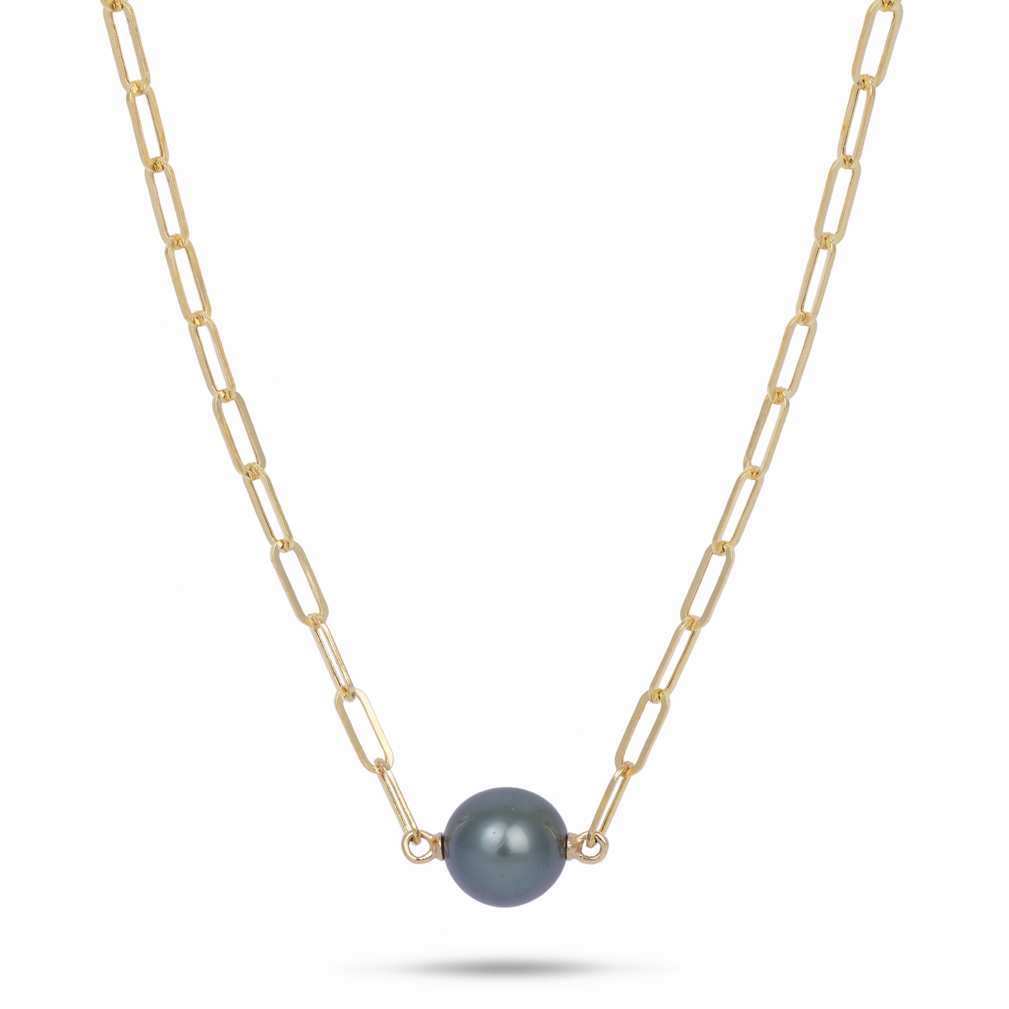 16-17" Tahitian Black Pearl Paperclip Chain Necklace in Gold - 12-13mm Beauty Fit Charming Details