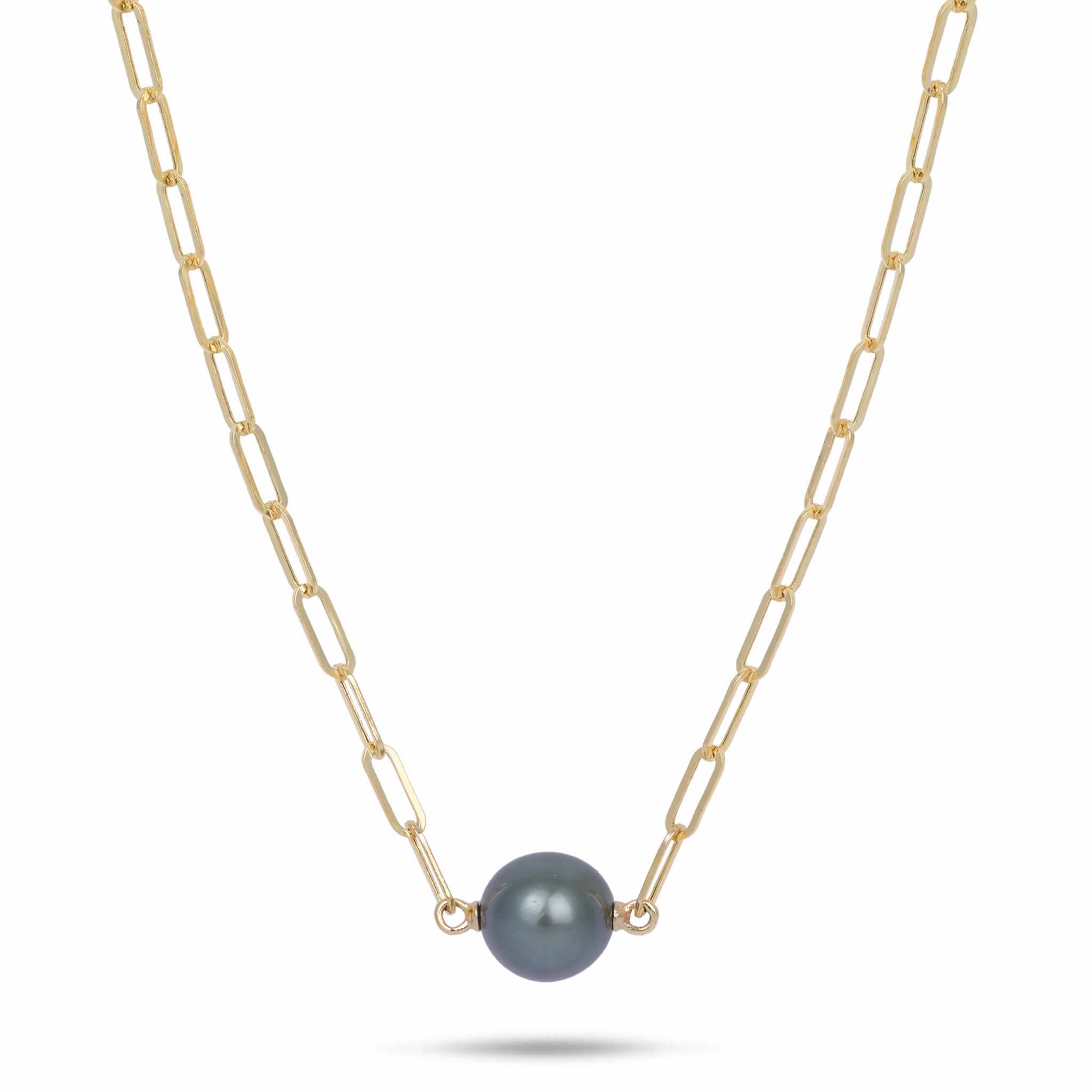 16-17" Tahitian Black Pearl Paperclip Chain Necklace in Gold - 12-13mm Refined Sparkle