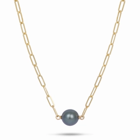 16-17" Tahitian Black Pearl Paperclip Chain Necklace in Gold - 12-13mm Beauty Fit Charming Details
