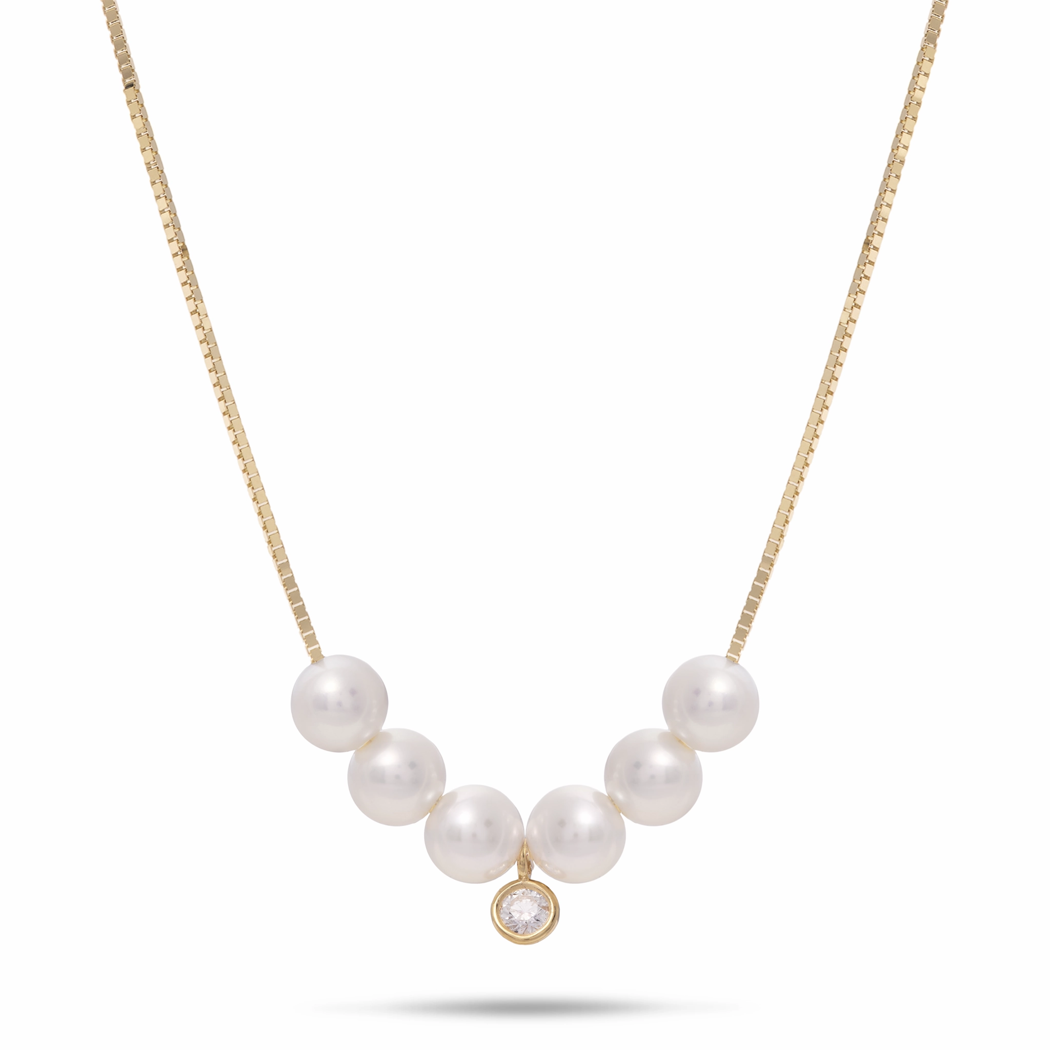 Precious Accent 16-18" Adjustable Akoya White Pearl Necklace in Gold with Diamond - 4.5-5mm